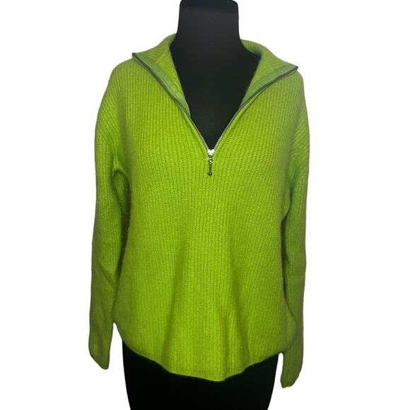 Vtg 90s Green Angora Rabbit Hair Cozy Fuzzy Ribbed 3/4 Zip Sweater Womens Size L - Picture 2 of 5